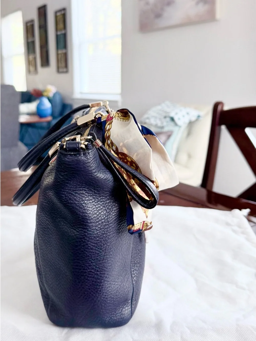 Coach Black Pebbled Leather Satchel with Gold Hardware and Decorative Scarf
